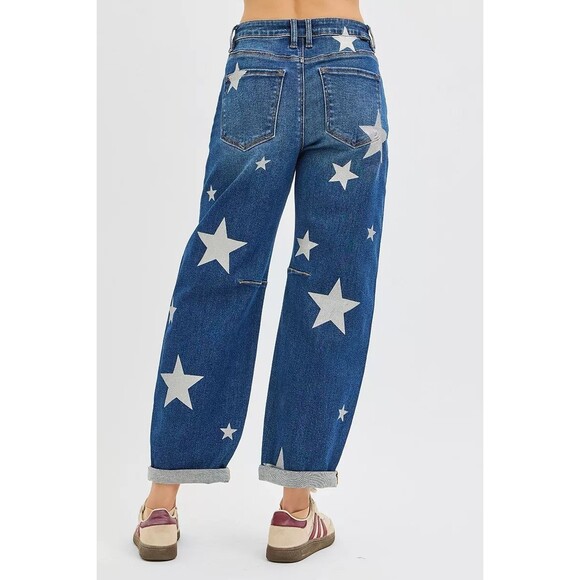RISEN Mid Rise Ankle Length Relaxed Barrel Star Printed Jeans - Picture 5 of 6